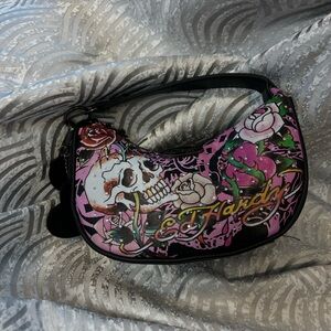 Ed Hardy Black and Pink Skull Rose Shoulder Bag